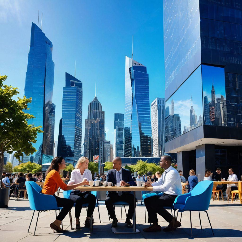 A futuristic city skyline with diverse people engaging in various banking and investment activities, such as discussing over coffee at an outdoor café, using digital screens displaying stock trends, and shaking hands to signify agreements. The scene is vibrant, filled with lively colors and a clear blue sky symbolizing optimism and potential. Include elements like charts, currency symbols, and investments to highlight financial growth. super-realistic. vibrant colors. clear blue sky.
