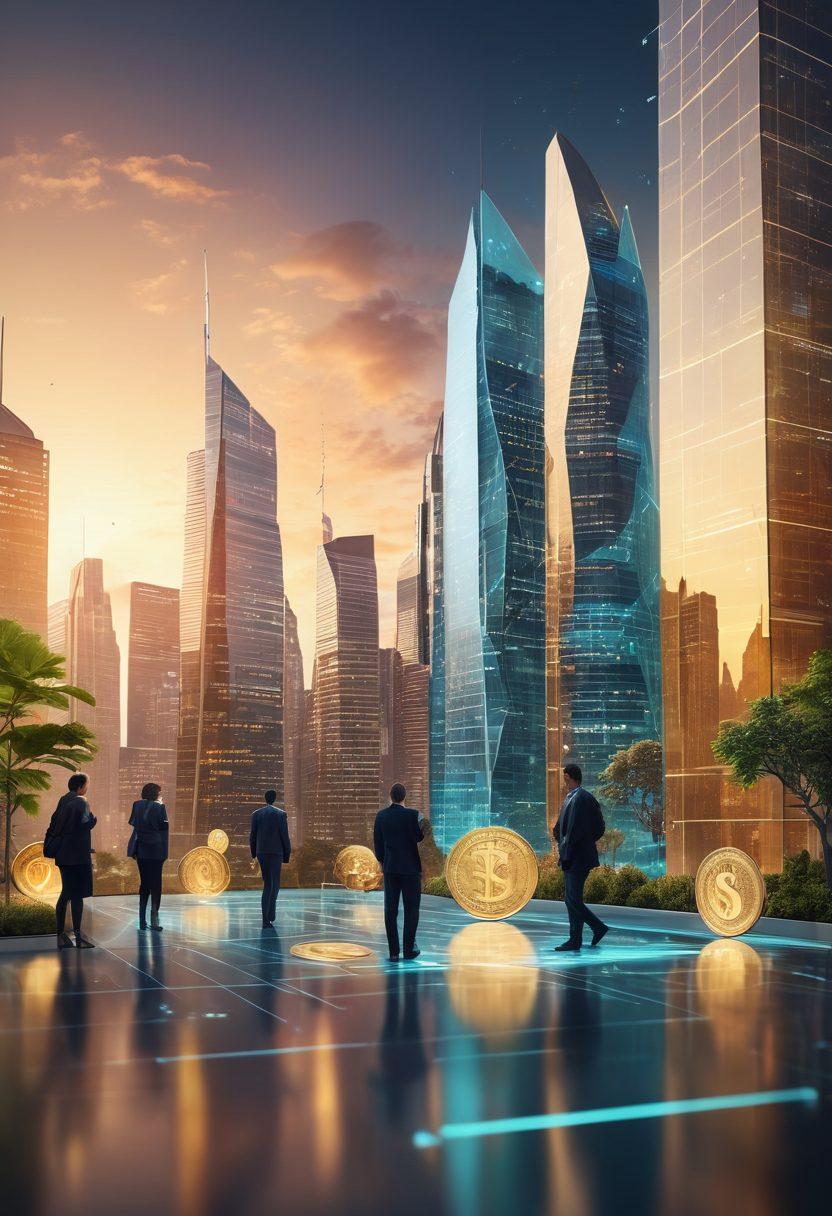 A futuristic cityscape with a diverse group of people engaging with various banking services, including digital interfaces and personal finance tools. The scene should incorporate elements of growth, like plants emerging from golden coins, symbolizing empowerment and prosperity. Soft, inviting colors to evoke a sense of hope and opportunity. Include a prominent financial building in the background with glowing, transparent screens showcasing financial graphs and services. super-realistic. vibrant colors. 3D.