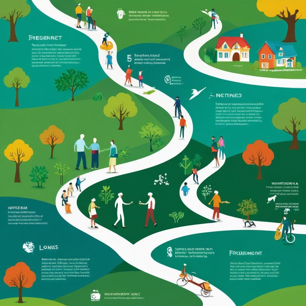 A visually appealing infographic depicting various stages of life with intertwined pathways symbolizing financial services. Illustrate a young couple discussing loans, a family planning for education, and an older couple reviewing retirement plans, all within a lush green landscape. Utilize vibrant colors to represent different life stages and financial services, including icons for loans, savings, and retirement. The overall design should evoke a sense of growth and progression. vector art. vibrant colors. white background.